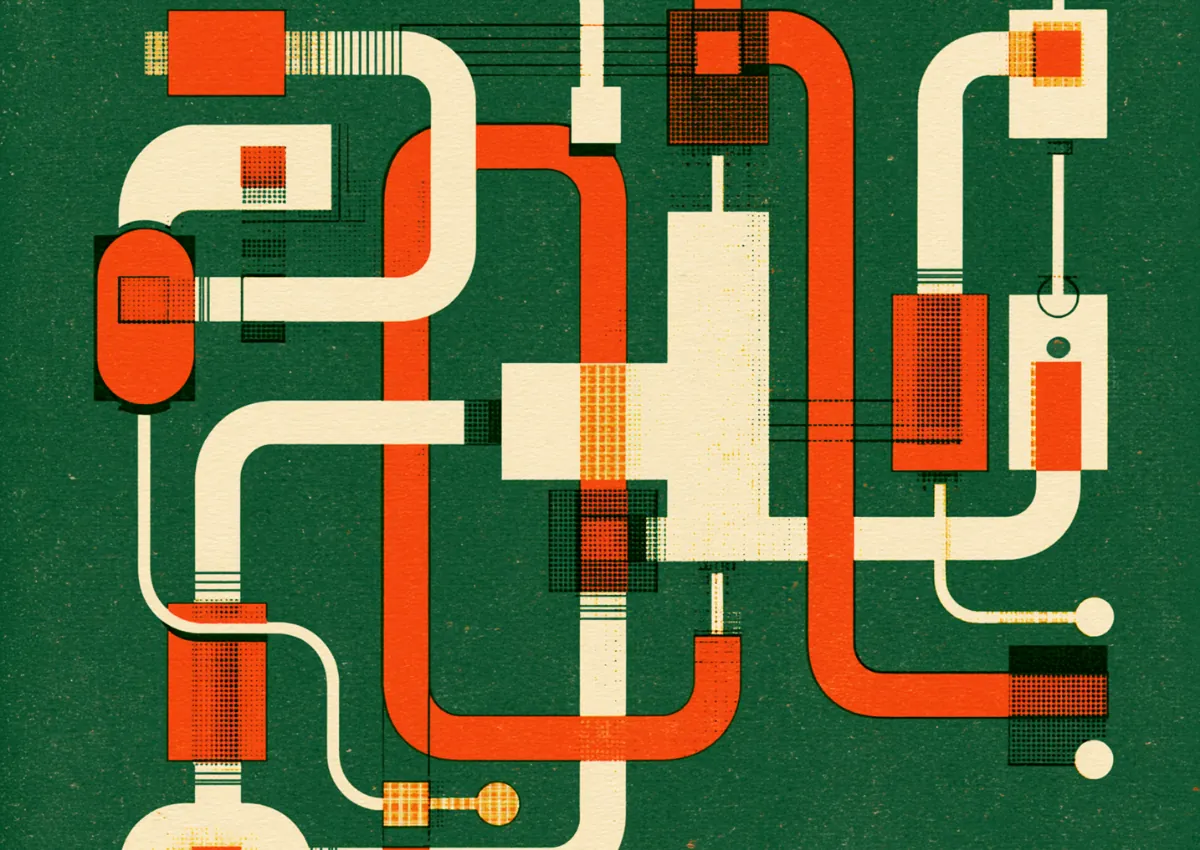 A maze of red looping pipes and circuits on a deep green ground