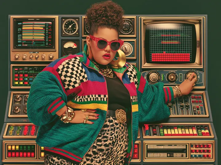 A confident woman in front of a wall of retro tech