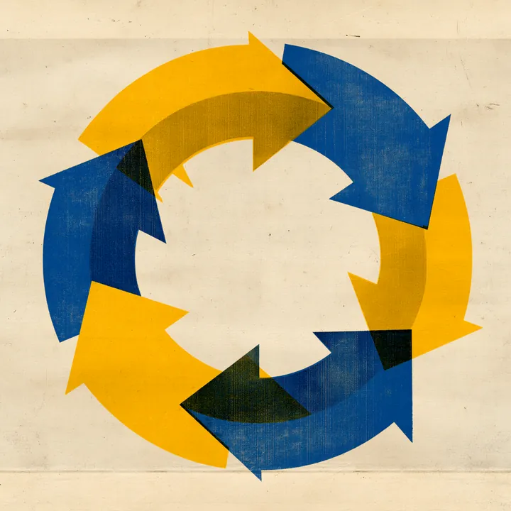 Blue and yellow arrows curving into a continuous circular loop