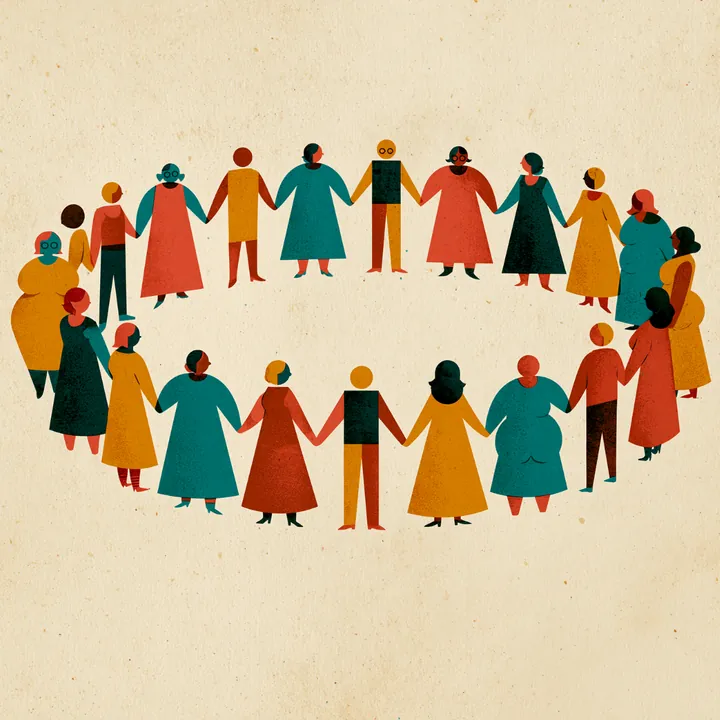 A circle of diverse standing figures in warm tones