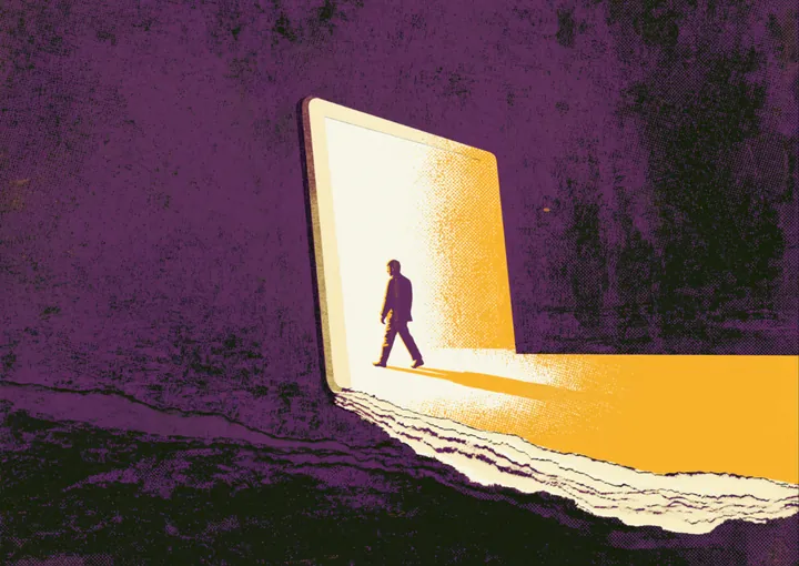 A small figure stepping through a bright open doorway into the light