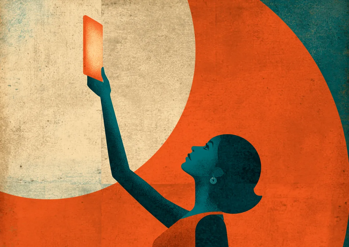 A silhouetted figure raising a lit torch against a bold orange ground