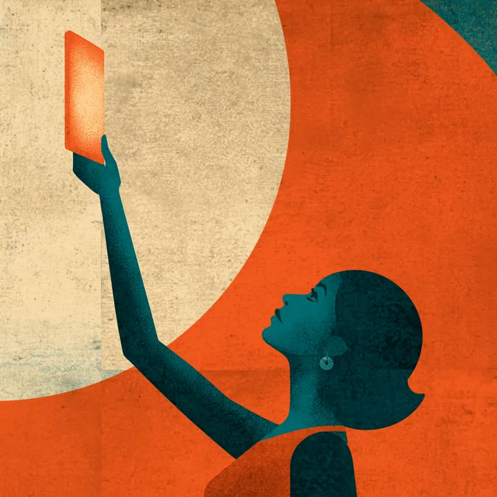 A silhouetted figure raising a lit torch against a bold orange ground