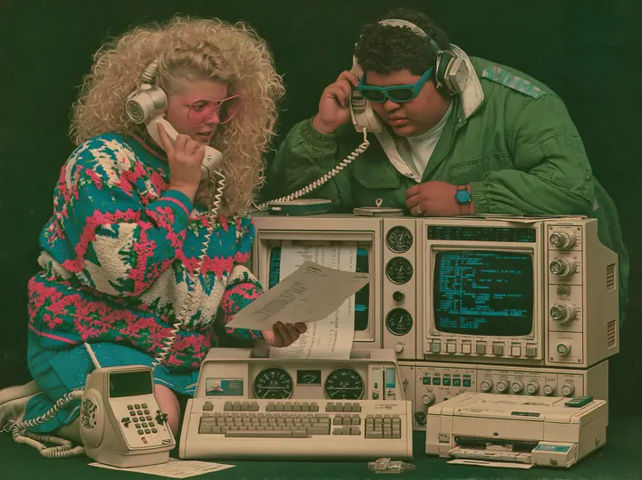 Two people on corded phones studying a printout at vintage computers