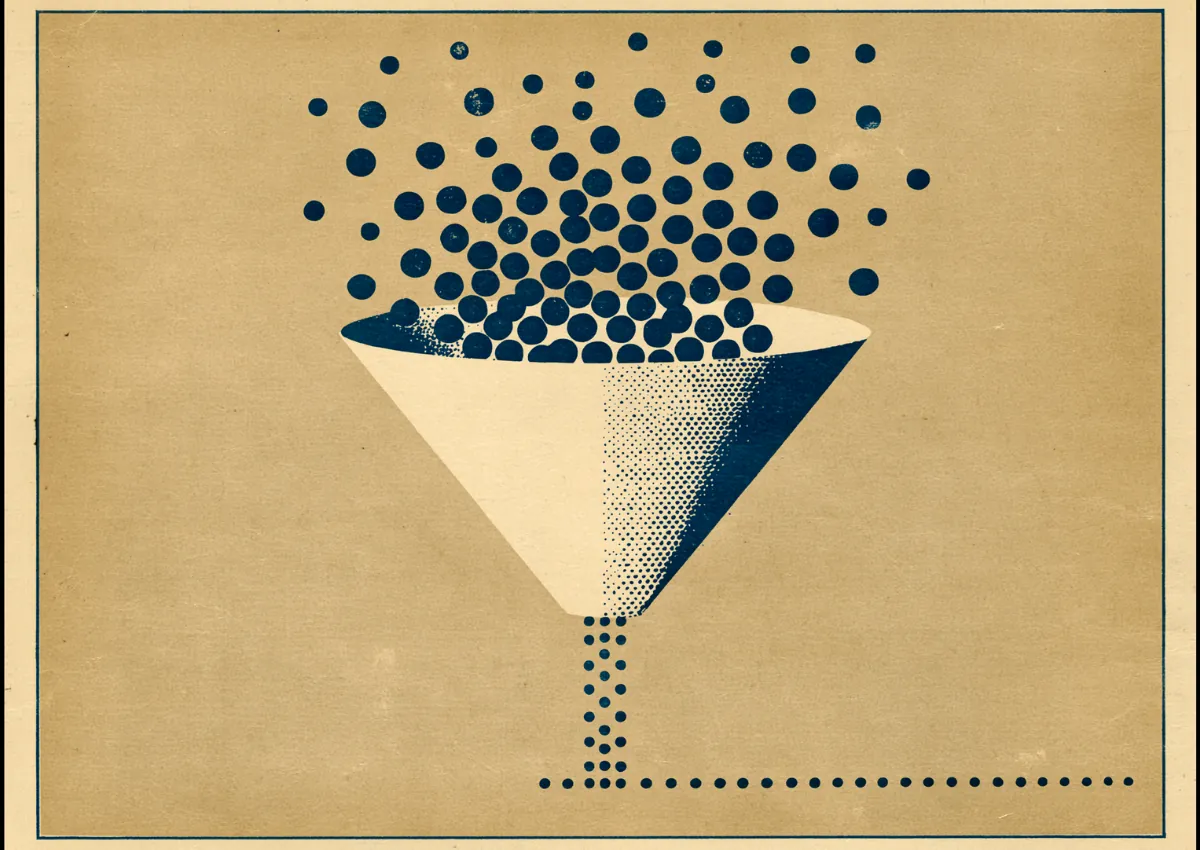 A funnel drawing scattered dots down to a single converging point