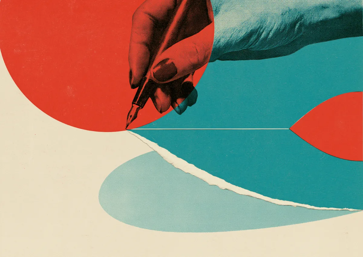 A hand drawing a curved line with a pen across a two-tone field