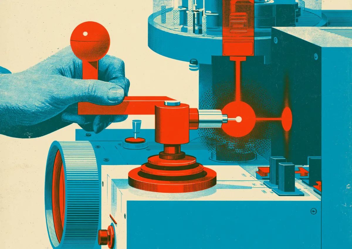 Two hands working the levers of a colorful retro machine