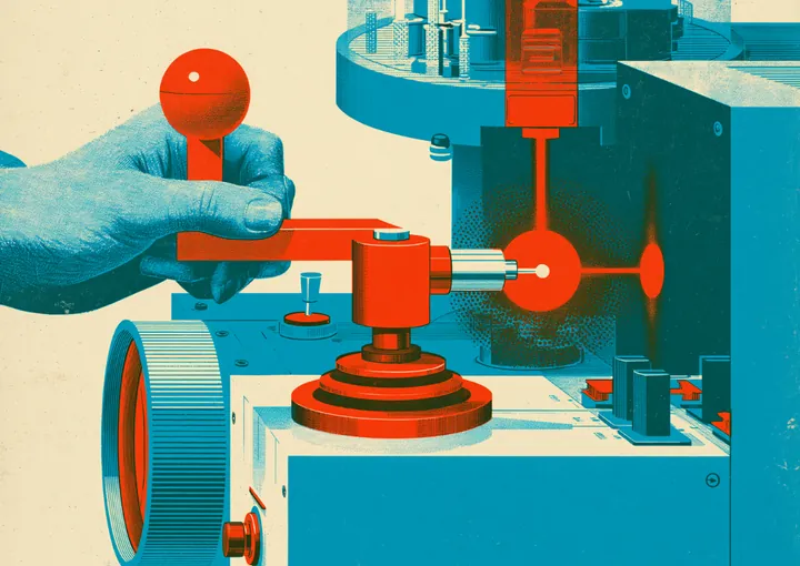 Two hands working the levers of a colorful retro machine