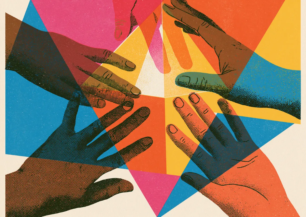 A cluster of hands of many skin tones layered together over bright color