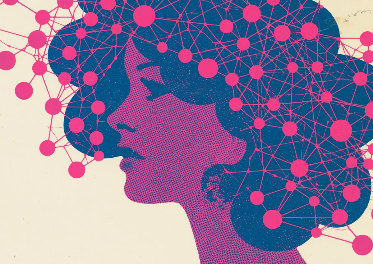A profile head in purple and pink with thoughts rising as scattered dots