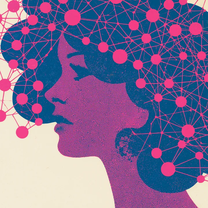 A profile head in purple and pink with thoughts rising as scattered dots