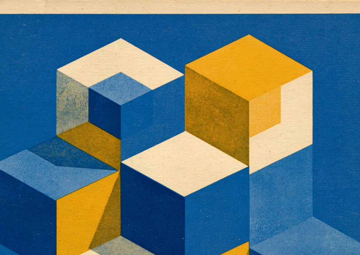 A cluster of isometric cubes in blue, yellow and white