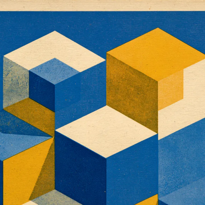 A cluster of isometric cubes in blue, yellow and white