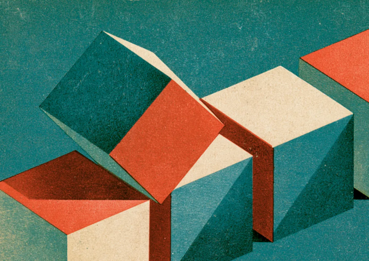 Stacked isometric cubes in teal and red on a cream ground