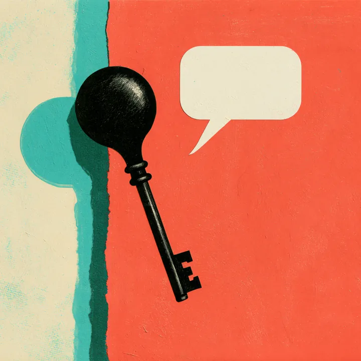 A black key shaped with a speech-bubble head against a split red and teal ground