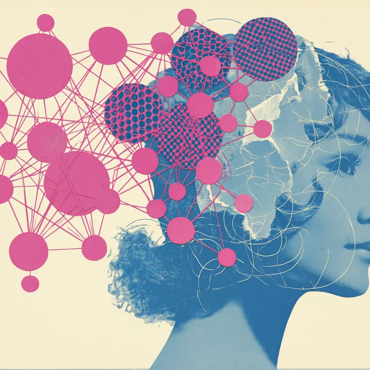 A woman in profile, her hair blooming into colorful halftone dots and circles