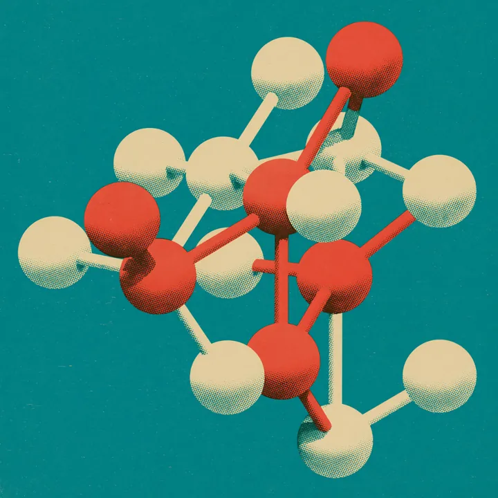 A ball-and-stick molecule model in red and white