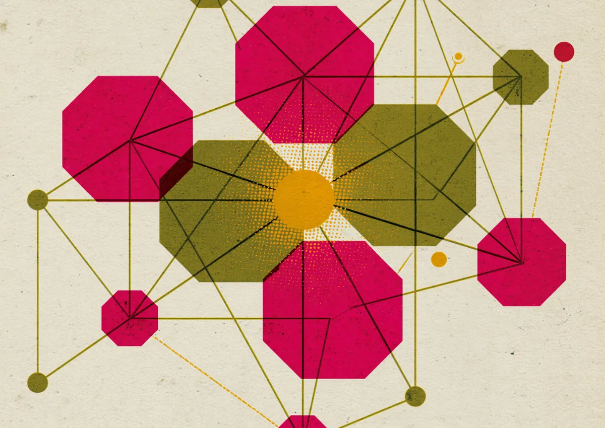 Pink and gold nodes linked by thin lines into a branching network