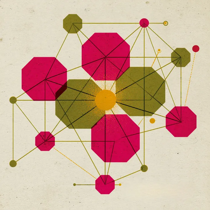 Pink and gold nodes linked by thin lines into a branching network