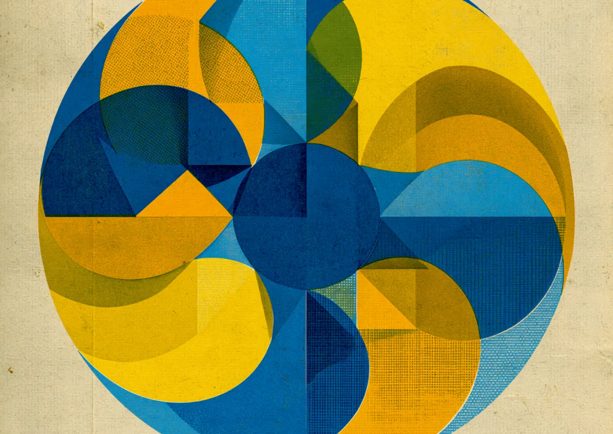 A pinwheel of blue and yellow blades radiating from a center