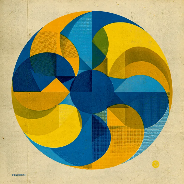 A pinwheel of blue and yellow blades radiating from a center