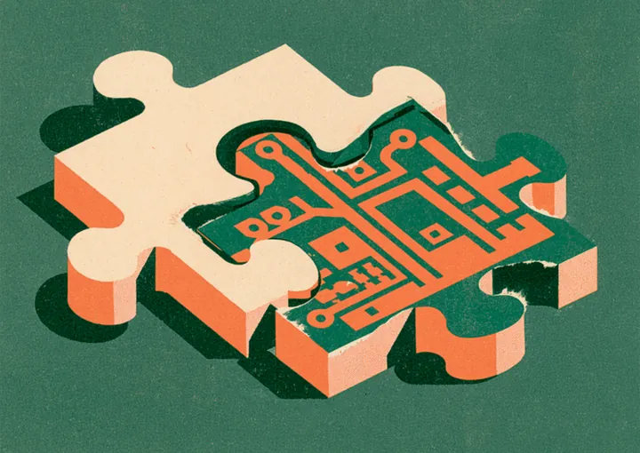 Interlocking puzzle pieces with a circuit pattern etched across them
