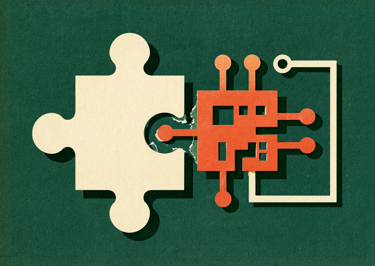 A puzzle piece wired by a line to a small red circuit board