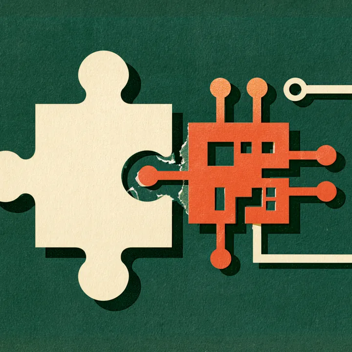 A puzzle piece wired by a line to a small red circuit board