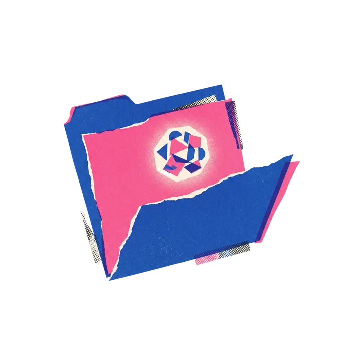 A blue retro file folder bursting open with a red emblem and scattered papers