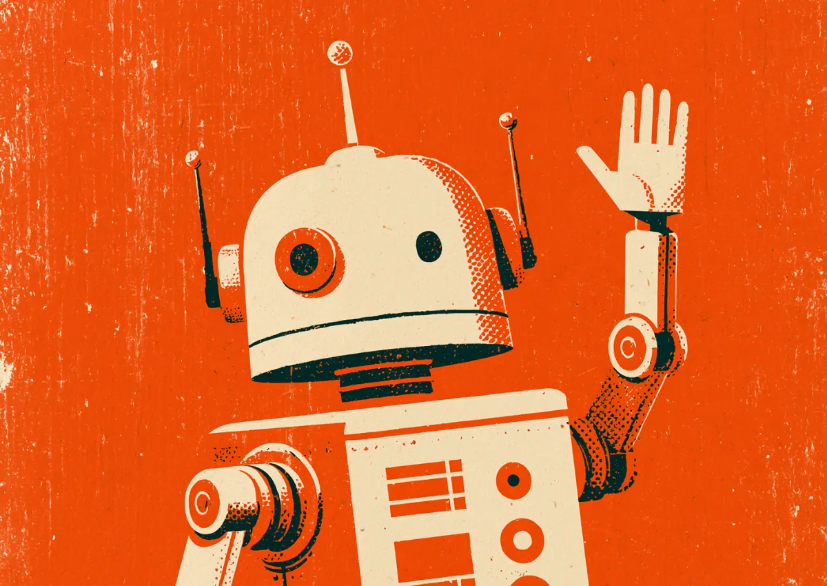 A friendly orange retro robot waving one arm