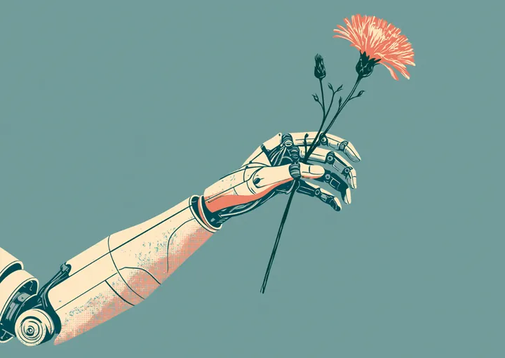 A mechanical robotic hand gently holding a single pink flower