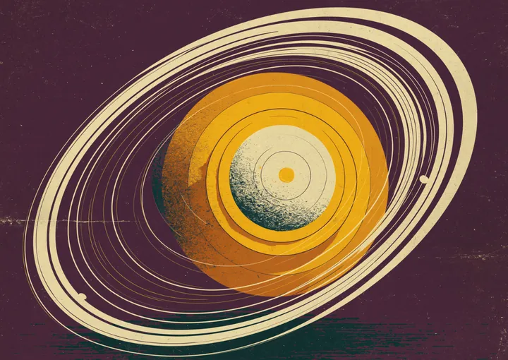 A golden ringed planet like Saturn floating on a dark ground