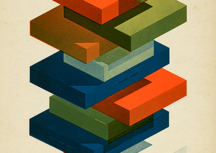 Offset layers in green, red and blue stacked into a tower