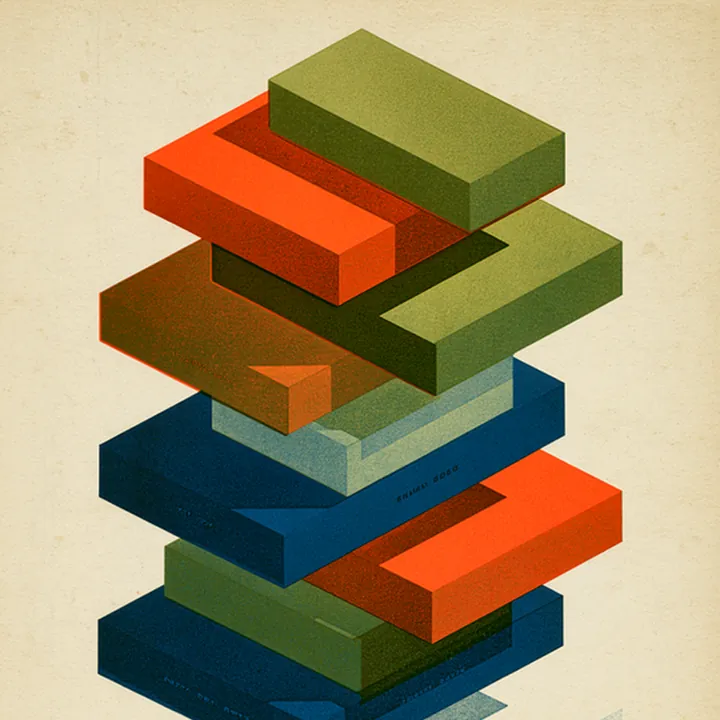 Offset layers in green, red and blue stacked into a tower