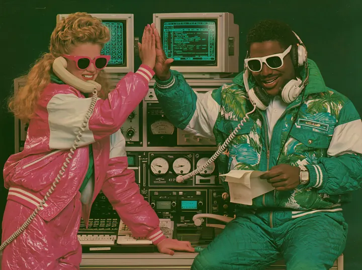 Two people high-fiving over retro computers
