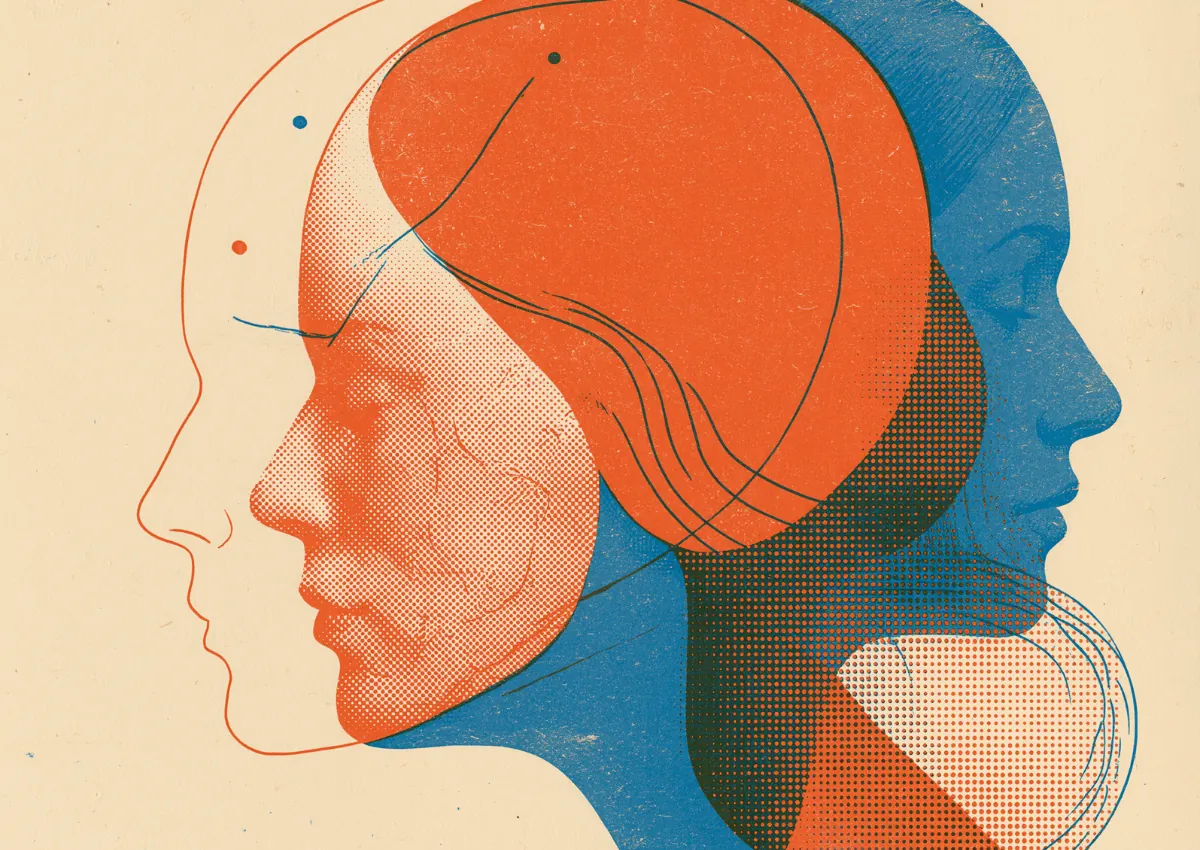 Two face profiles in orange and blue overlapping and facing opposite ways