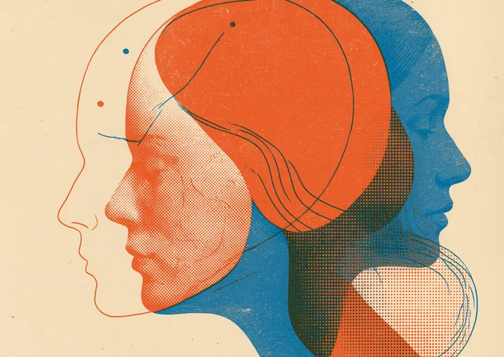 Two face profiles in orange and blue overlapping and facing opposite ways