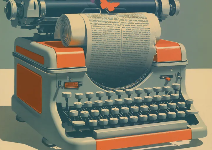 A vintage typewriter in orange and cream with paper rolled in