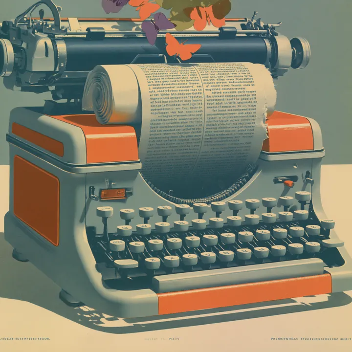 A vintage typewriter in orange and cream with paper rolled in