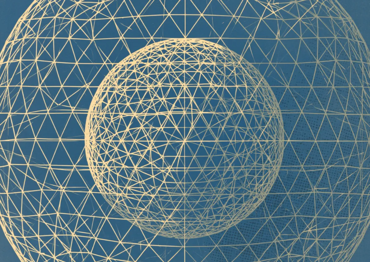 A blue wireframe geodesic sphere drawn over a textured field