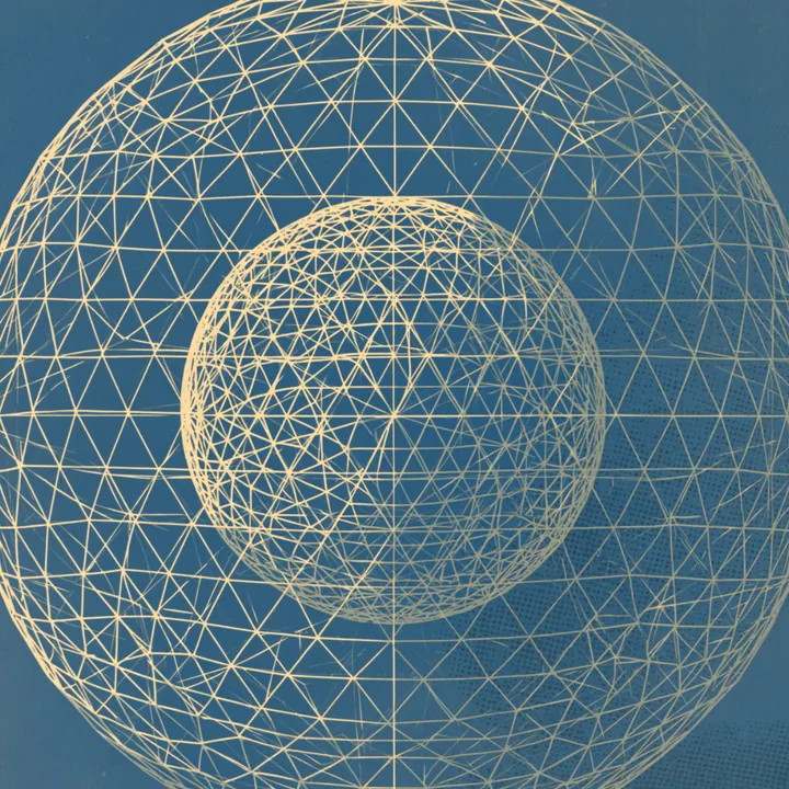 A blue wireframe geodesic sphere drawn over a textured field