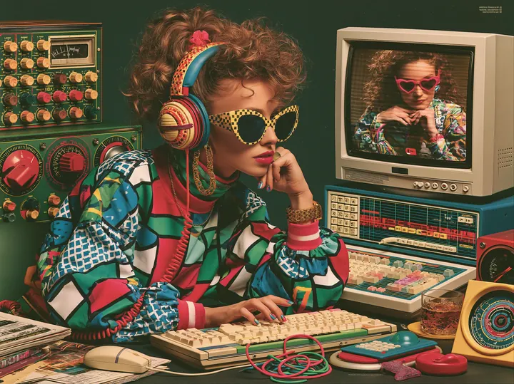 A woman focused at a retro AI workstation