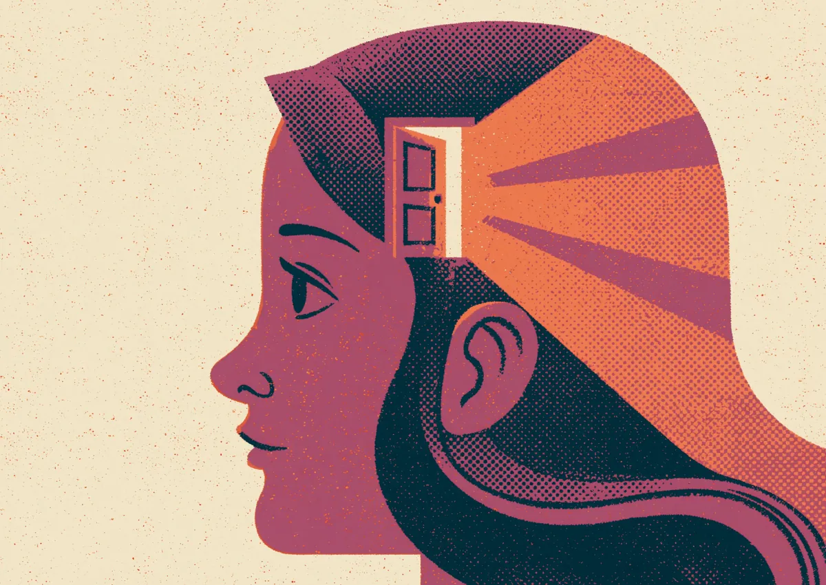A woman in profile rendered in bold geometric facets and color blocks